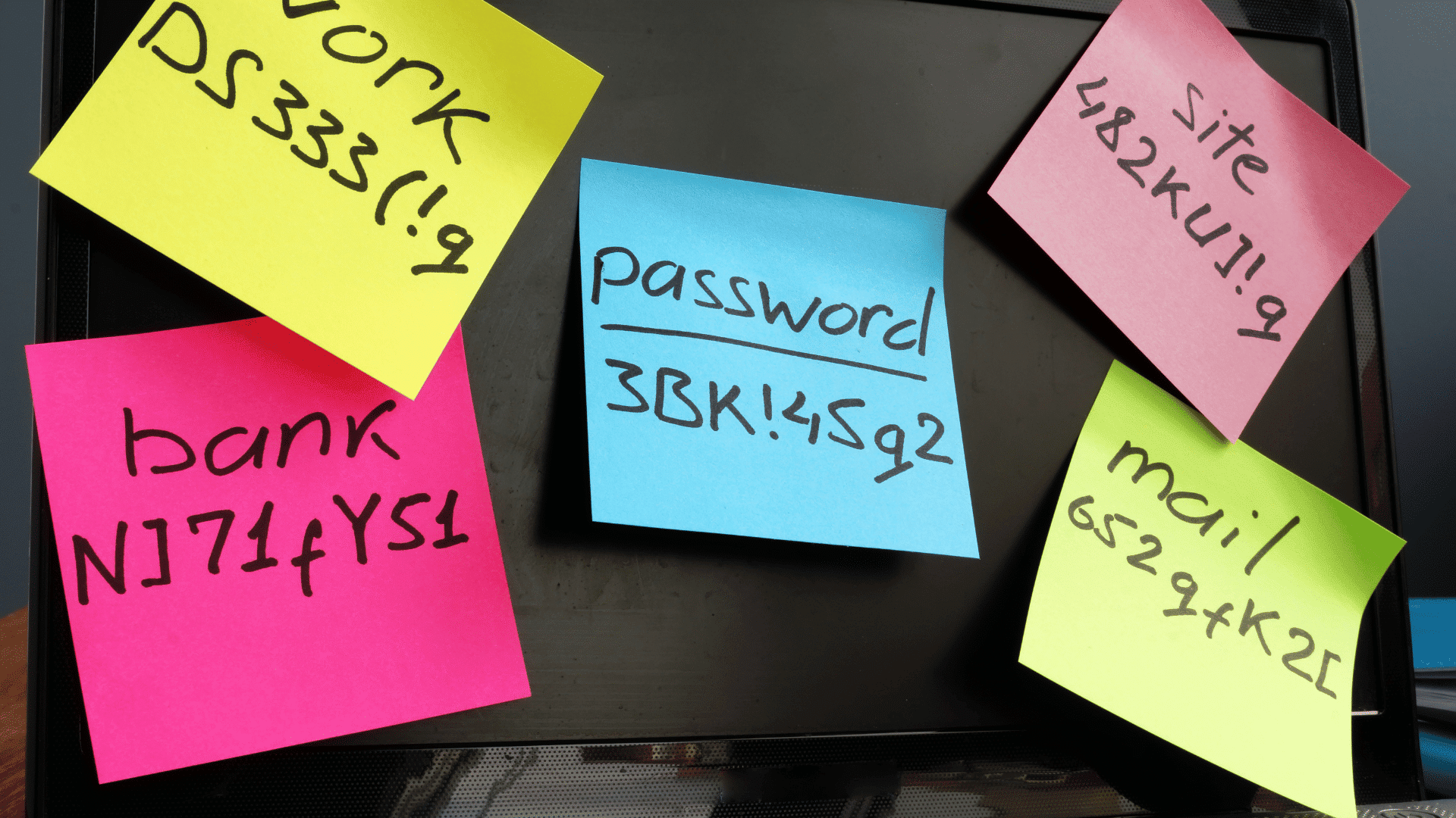 Mots de passe notés sur des post-it collés autour d'un écran d'ordinateur
