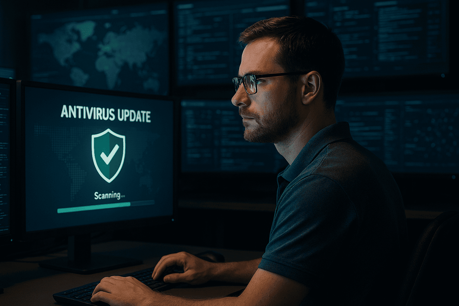 Technicien lançant une mise à jour antivirus depuis un poste de supervision informatique