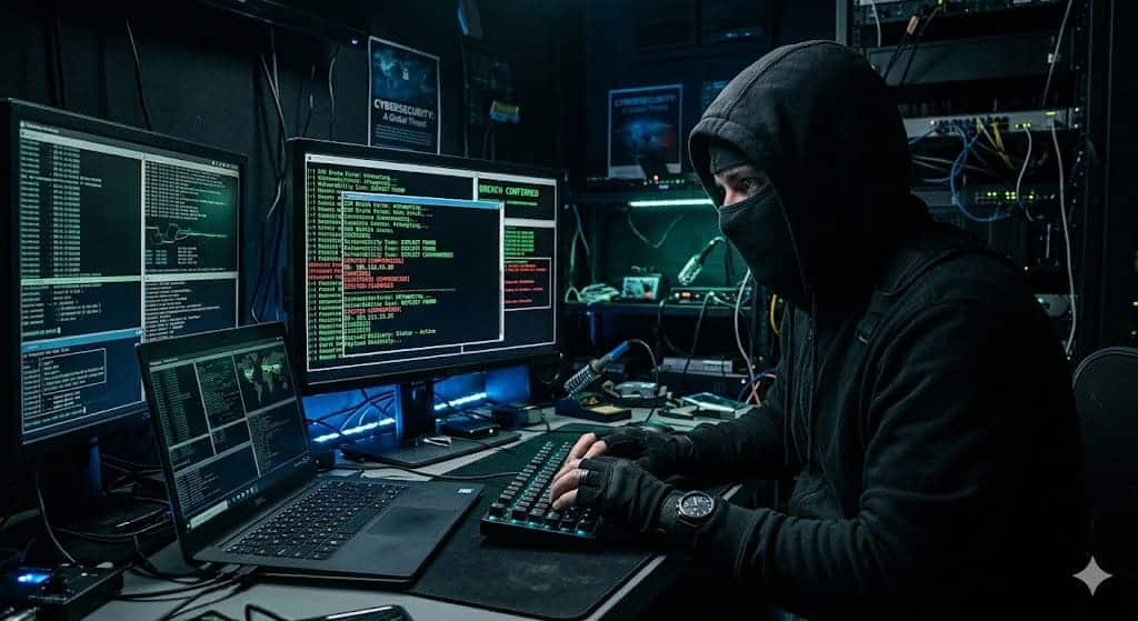 Cyberattaquant encapuchonné devant des écrans de code dans une salle serveur