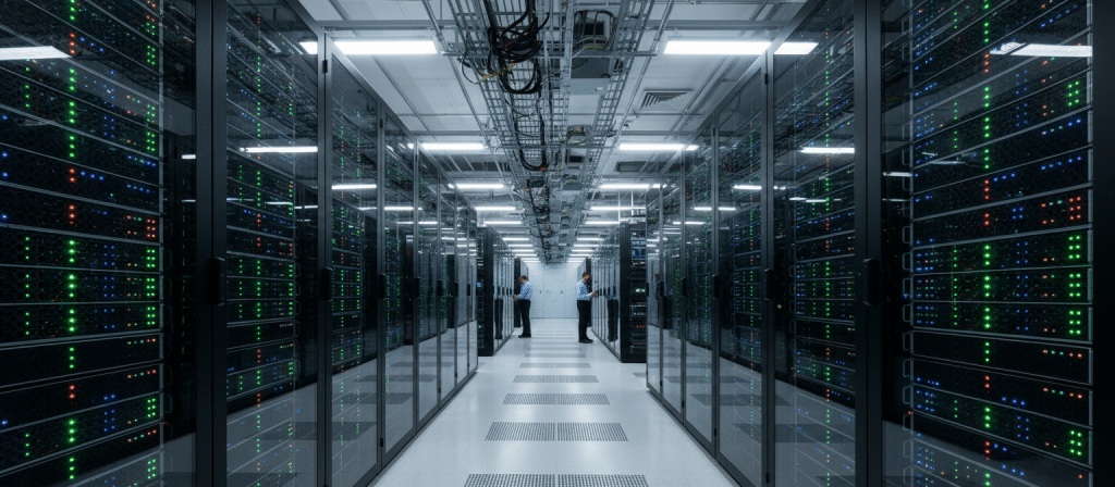 Allée de baies de serveurs dans un datacenter