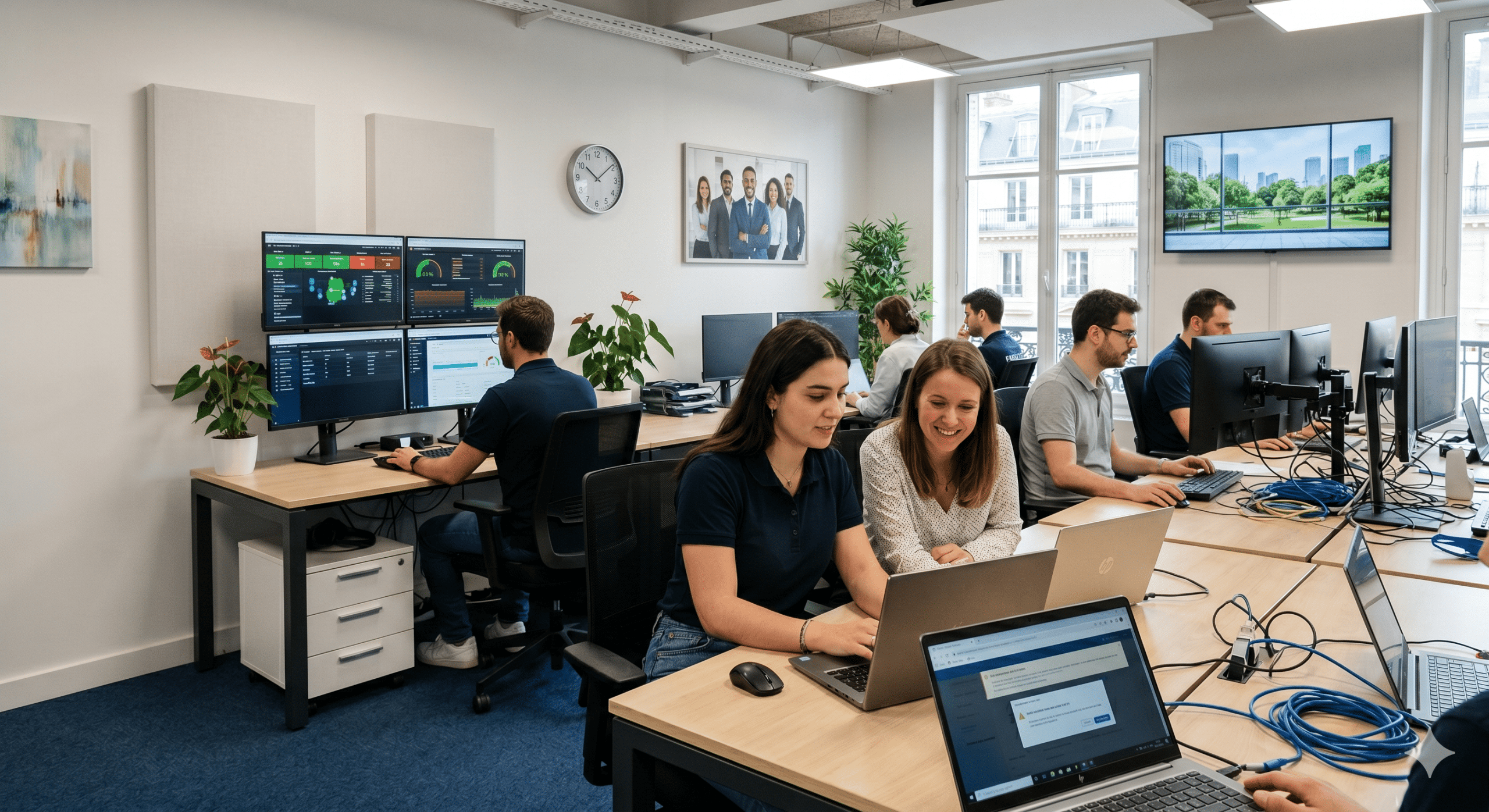 Équipe informatique au travail en open space devant des écrans de supervision