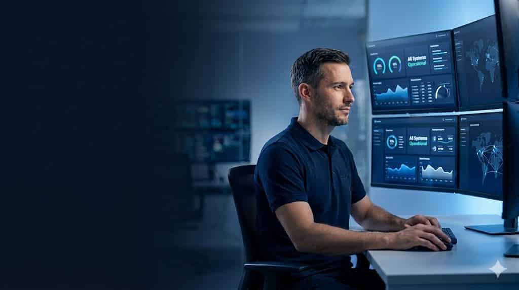Technicien en infogérance supervisant des tableaux de bord informatiques sur plusieurs écrans