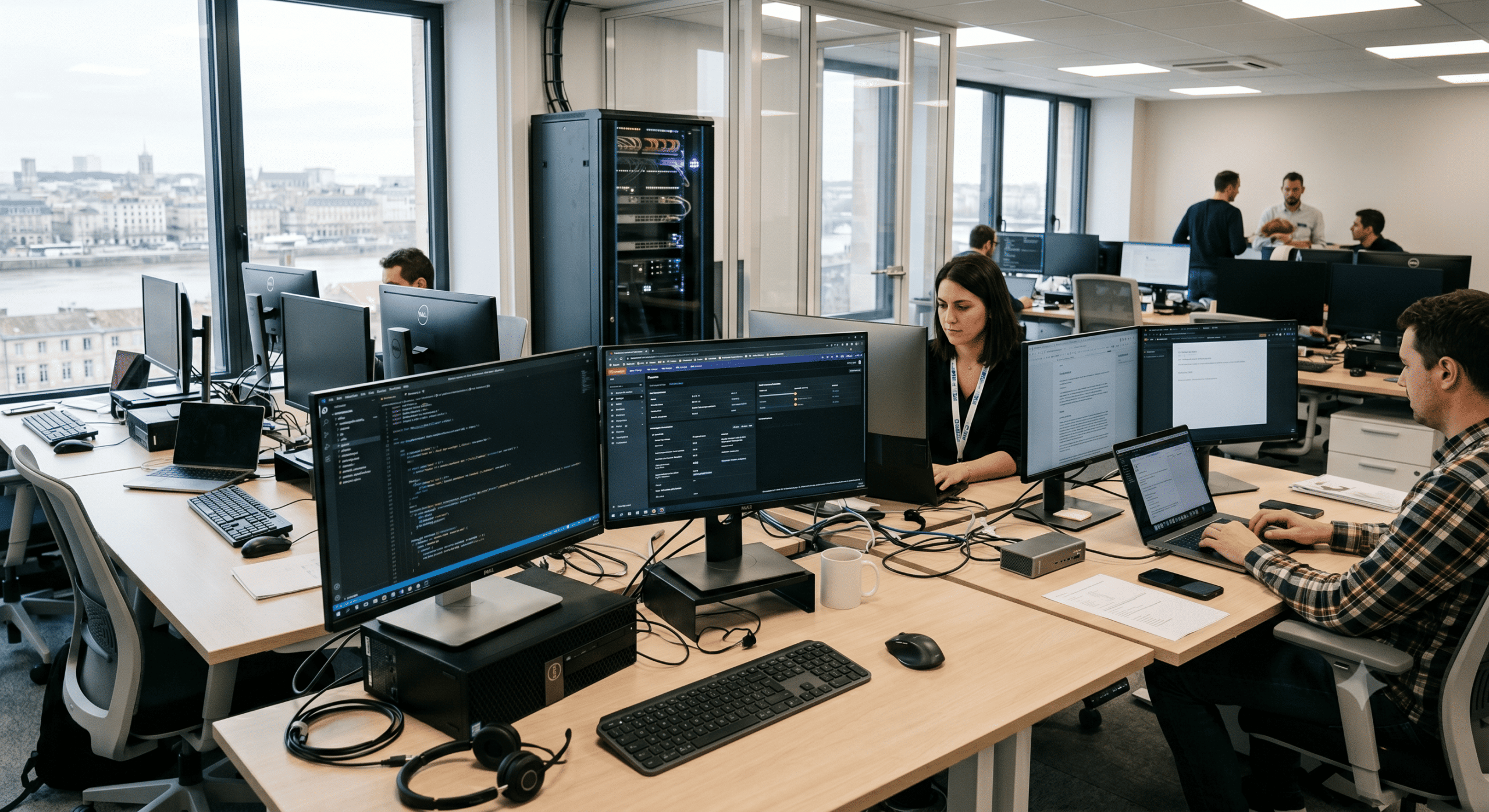 Bureau équipé de postes informatiques et d'écrans multiples dans une PME