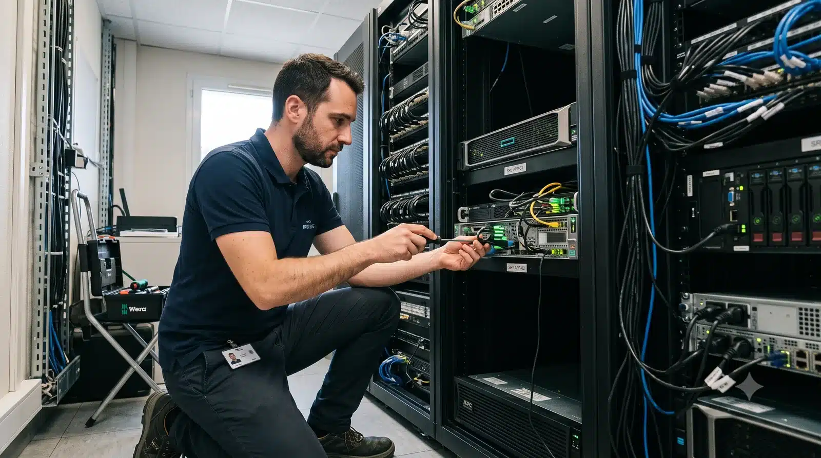 Technicien informatique intervenant sur un serveur dans une salle serveur d'entreprise