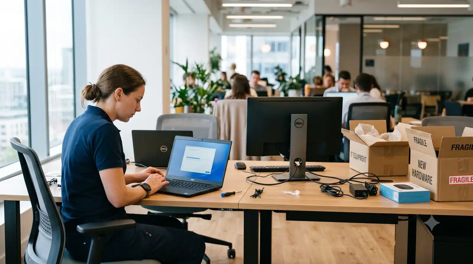 Technicienne installant du matériel informatique neuf dans un bureau d'entreprise