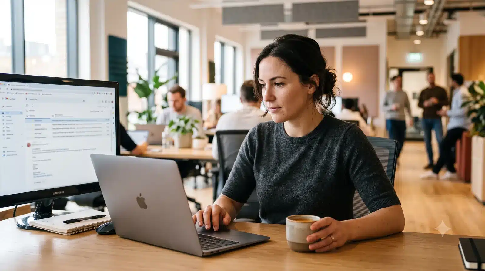 Personne consultant sa messagerie professionnelle sur un ordinateur portable au bureau